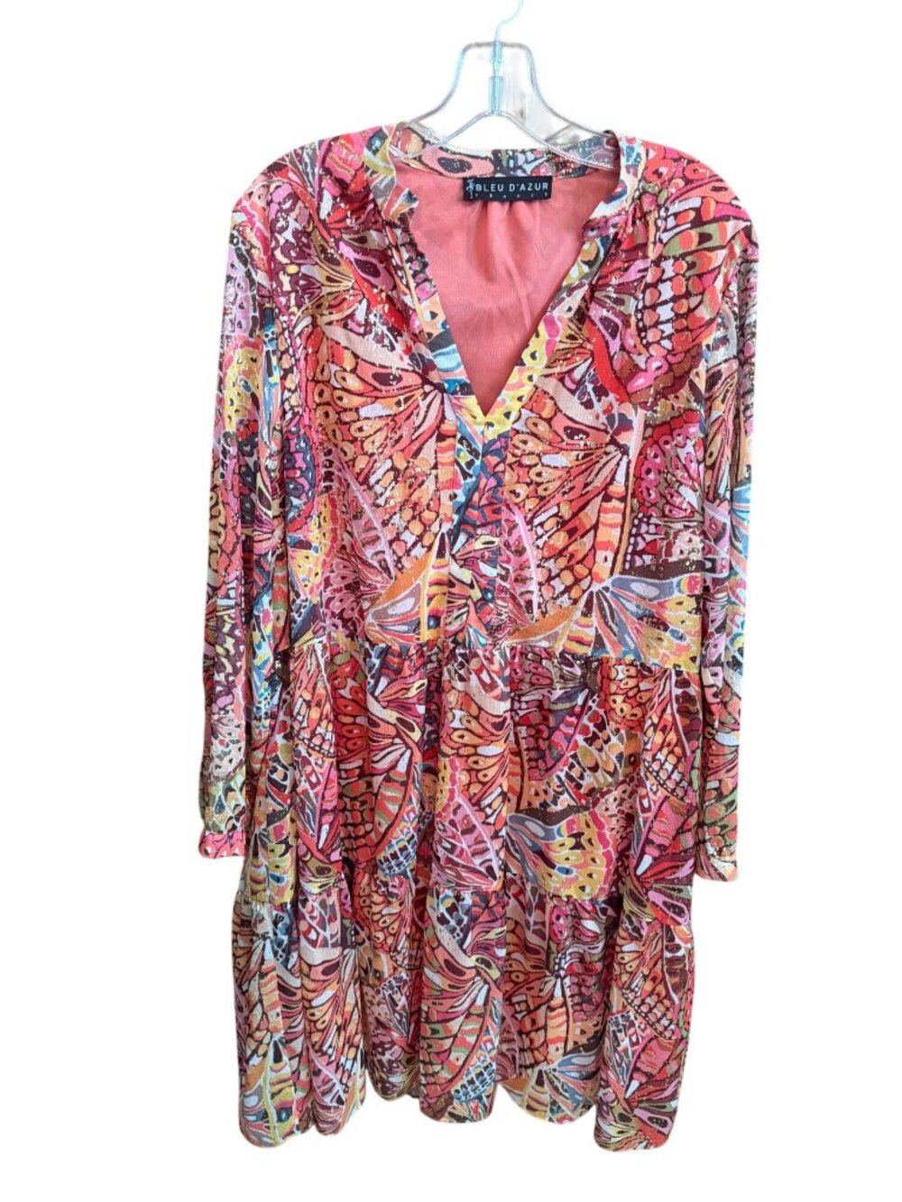 Bleu DAzur France Multicolor Butterfly Print Long Sleeve Dress With Lining Women